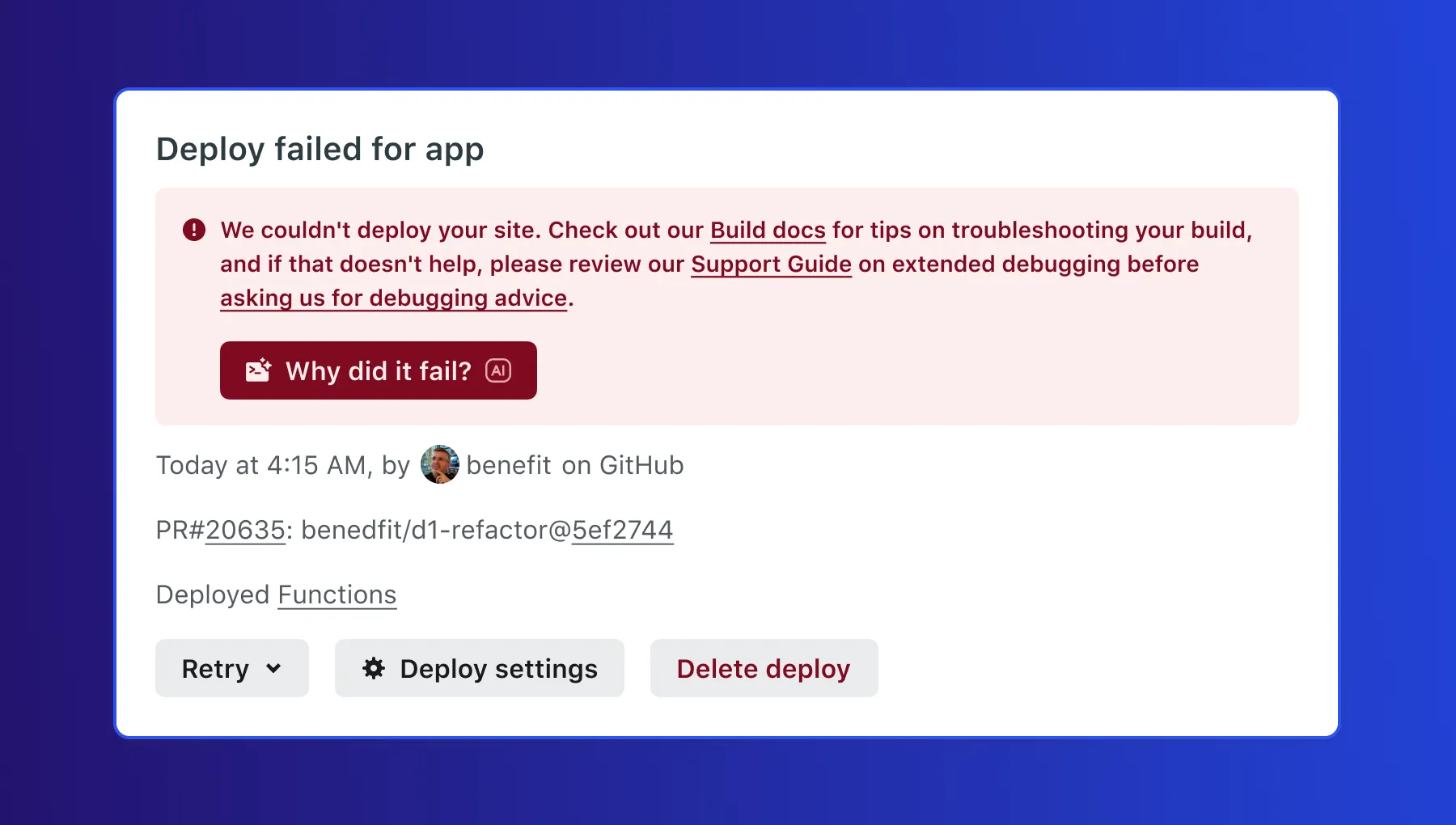 Image showcasing the "Why'd my deploy fail?" button in app