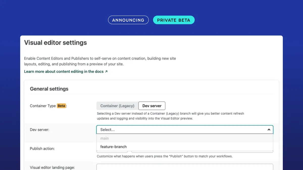 Image with a preview announcing the private beta for visual editing in the Dev Server