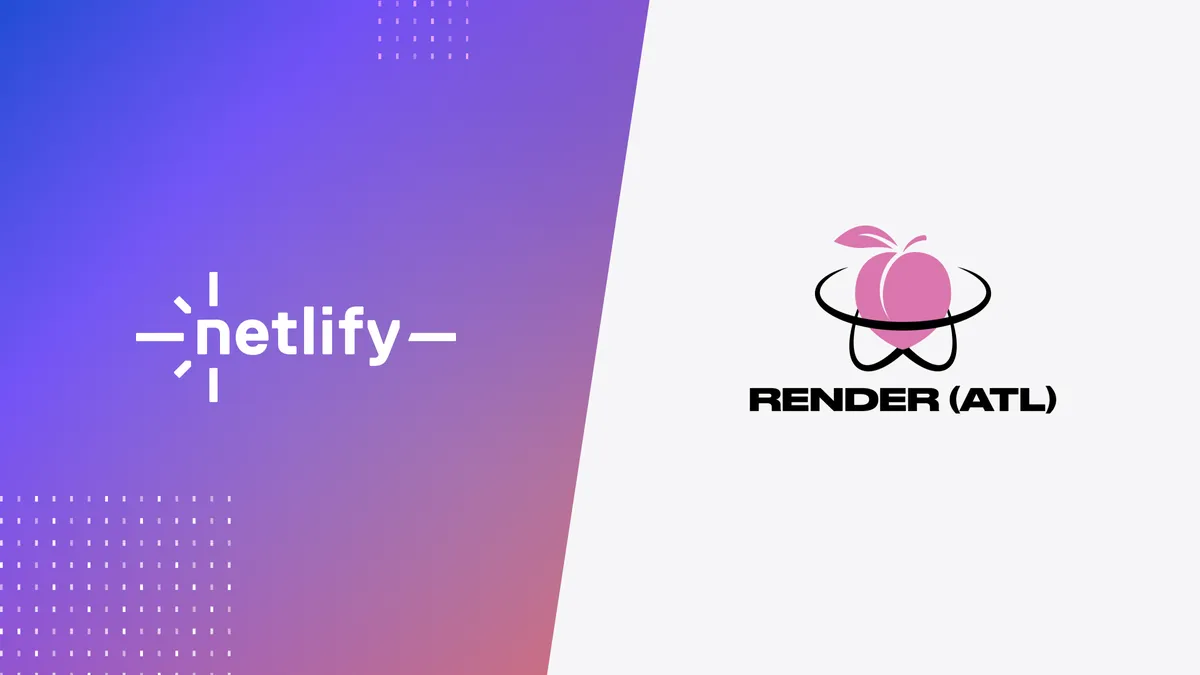 Cobranded image of Netlify and Render (ATL) for how RenderATL automates conference chores with custom APIs on Netlify