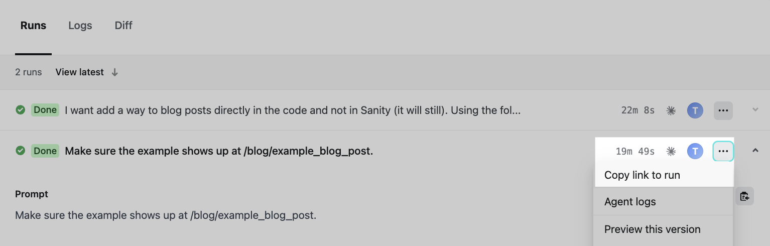 Screenshot showing the copy link button in the Agent Runners interface