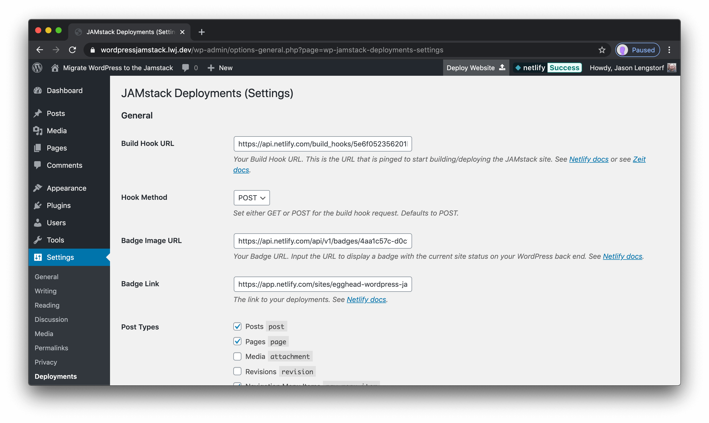 The Deployments settings area in WordPress admin.