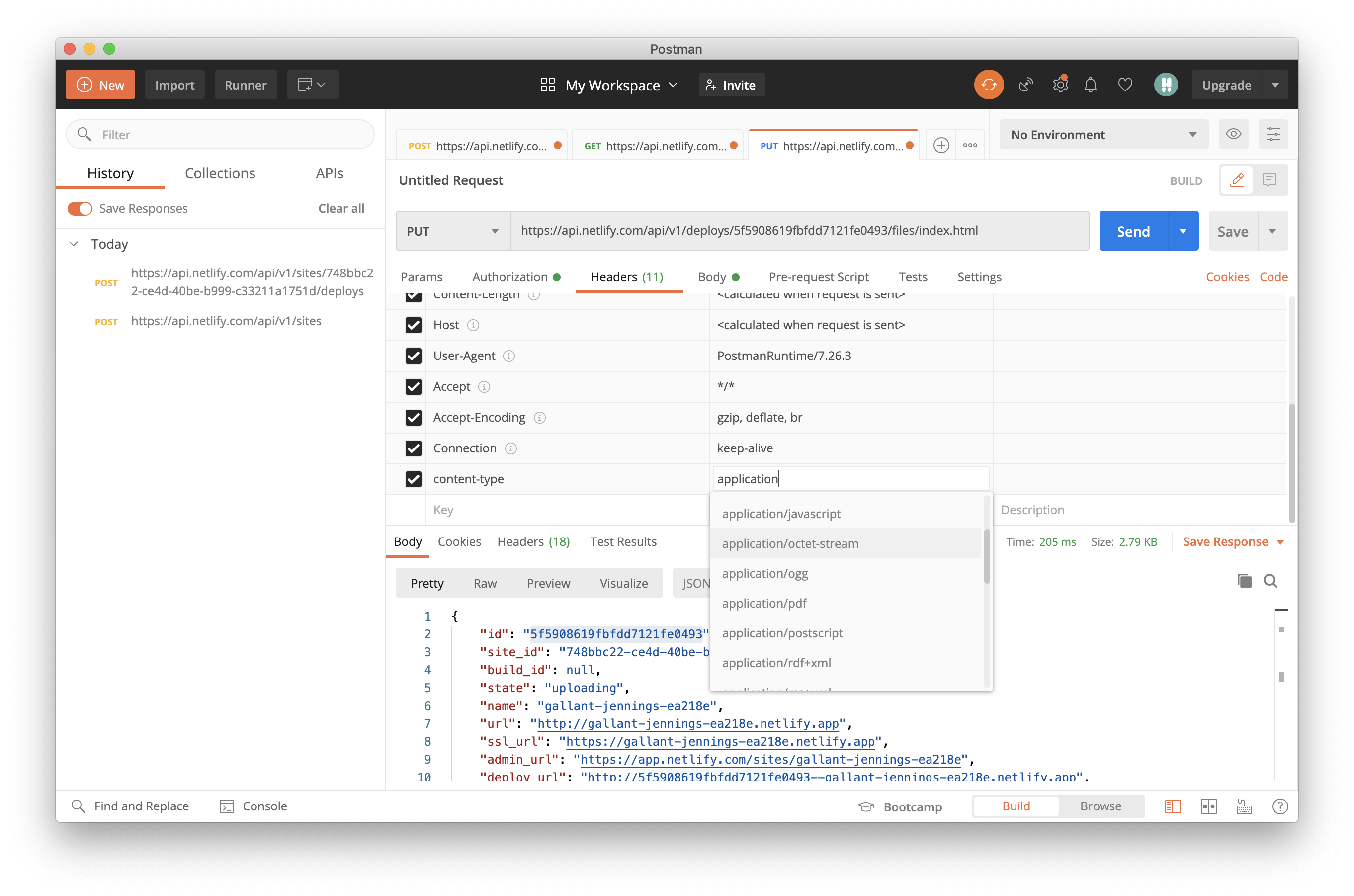 Postman interface showing a PUT request of one file in the file digest, with Content-Type: application/octet-stream selected