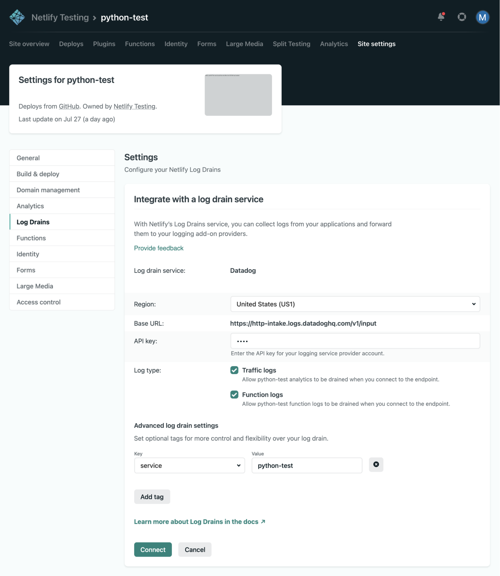 Datadog Netlify log drain UI image