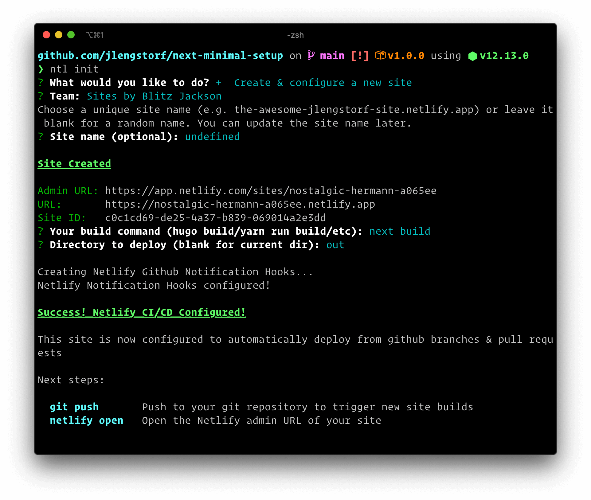 Terminal output of deploying a Next.js site to Netlify using the Netlify CLI