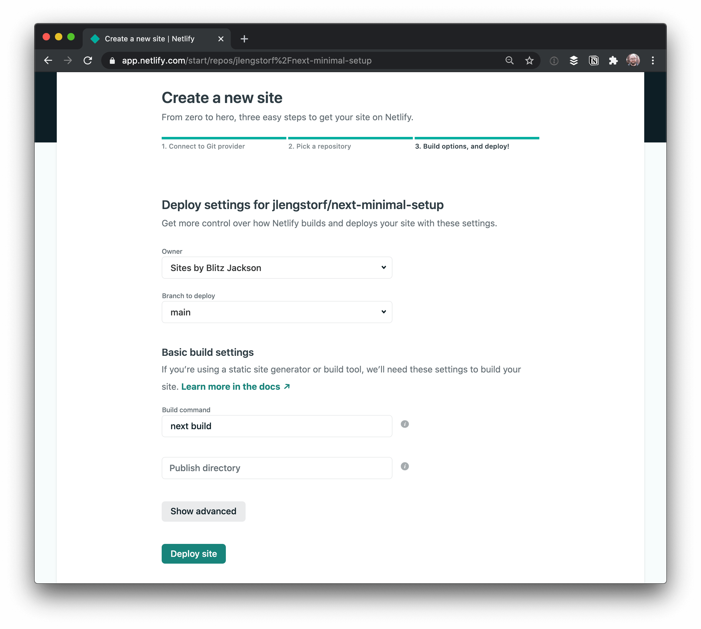 Screenshot of step 3 deploying a Next.js site to Netlify using the Netlify app