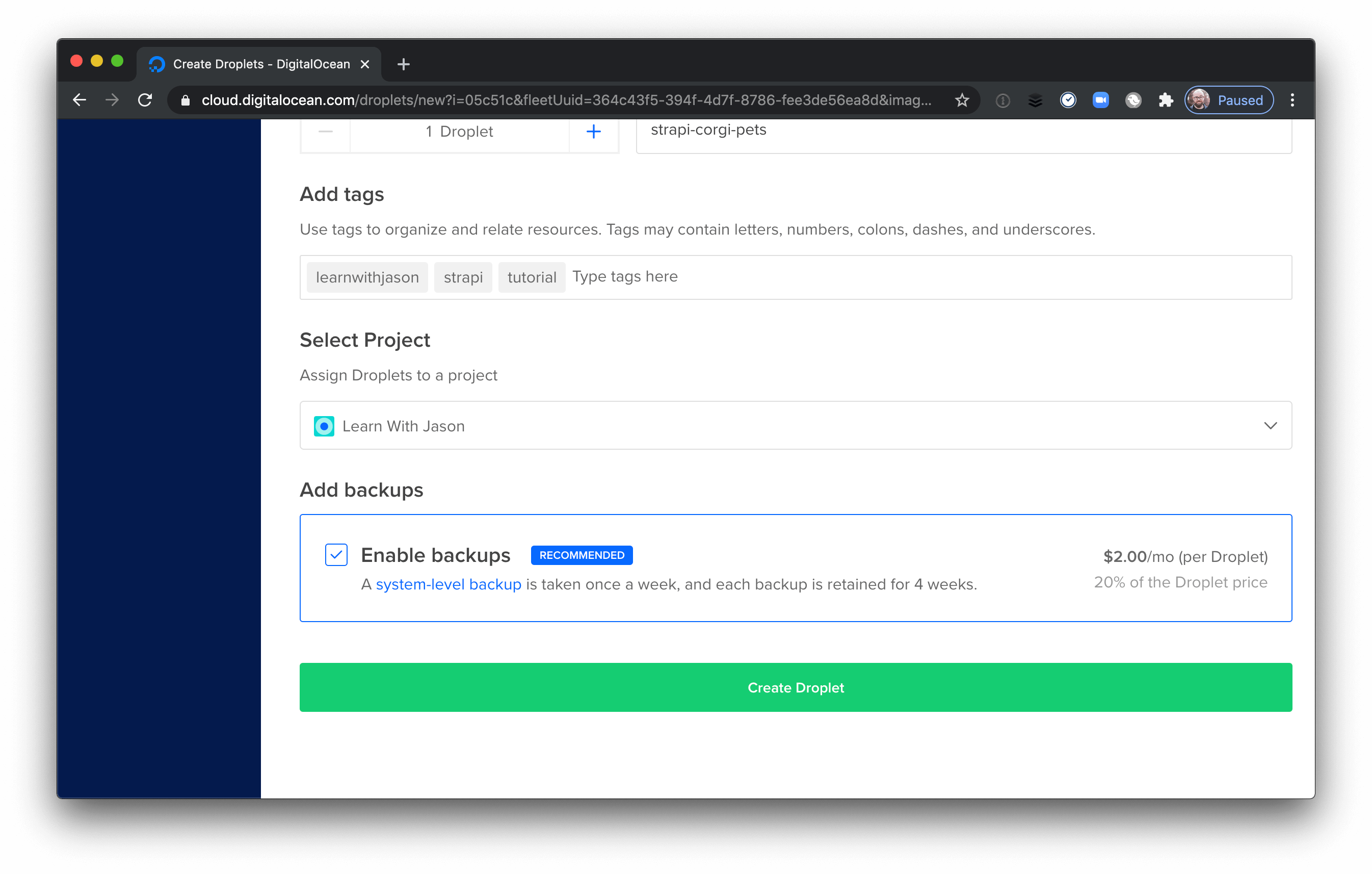 Enable backups for a Strapi Droplet on DigitalOcean.