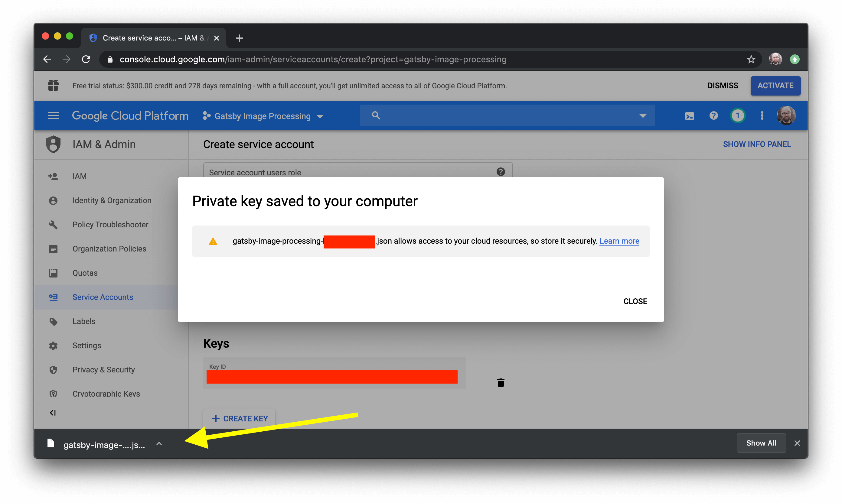 Confirmation after generating and downloading credentials.