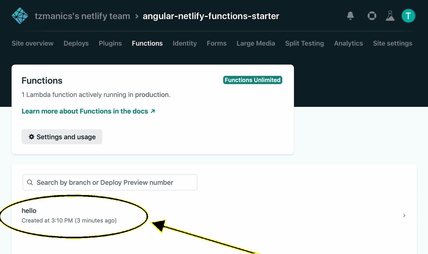 hello function dashboard