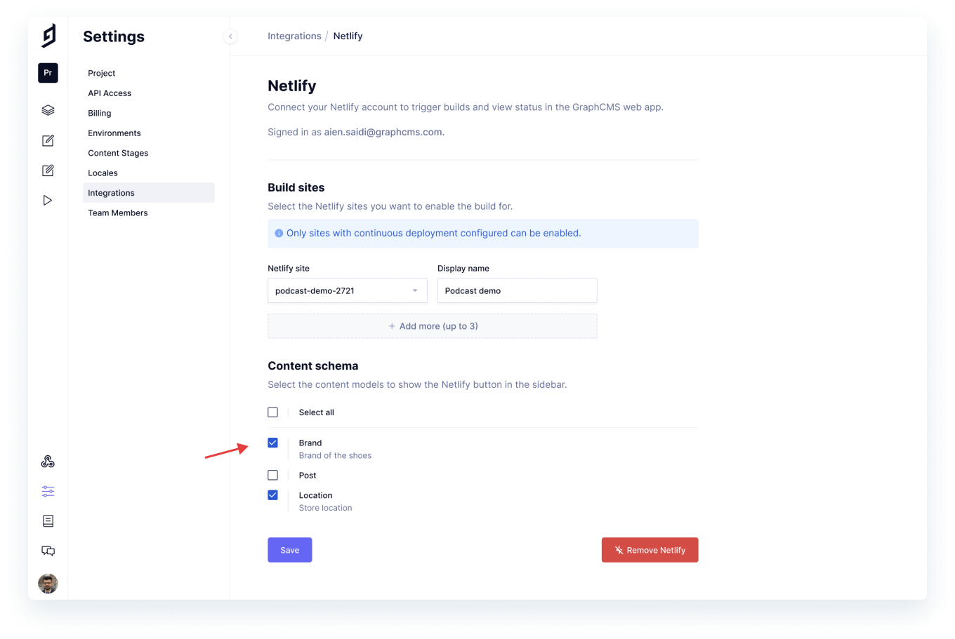 Netlify content schema models in GraphCMS integration dashboard