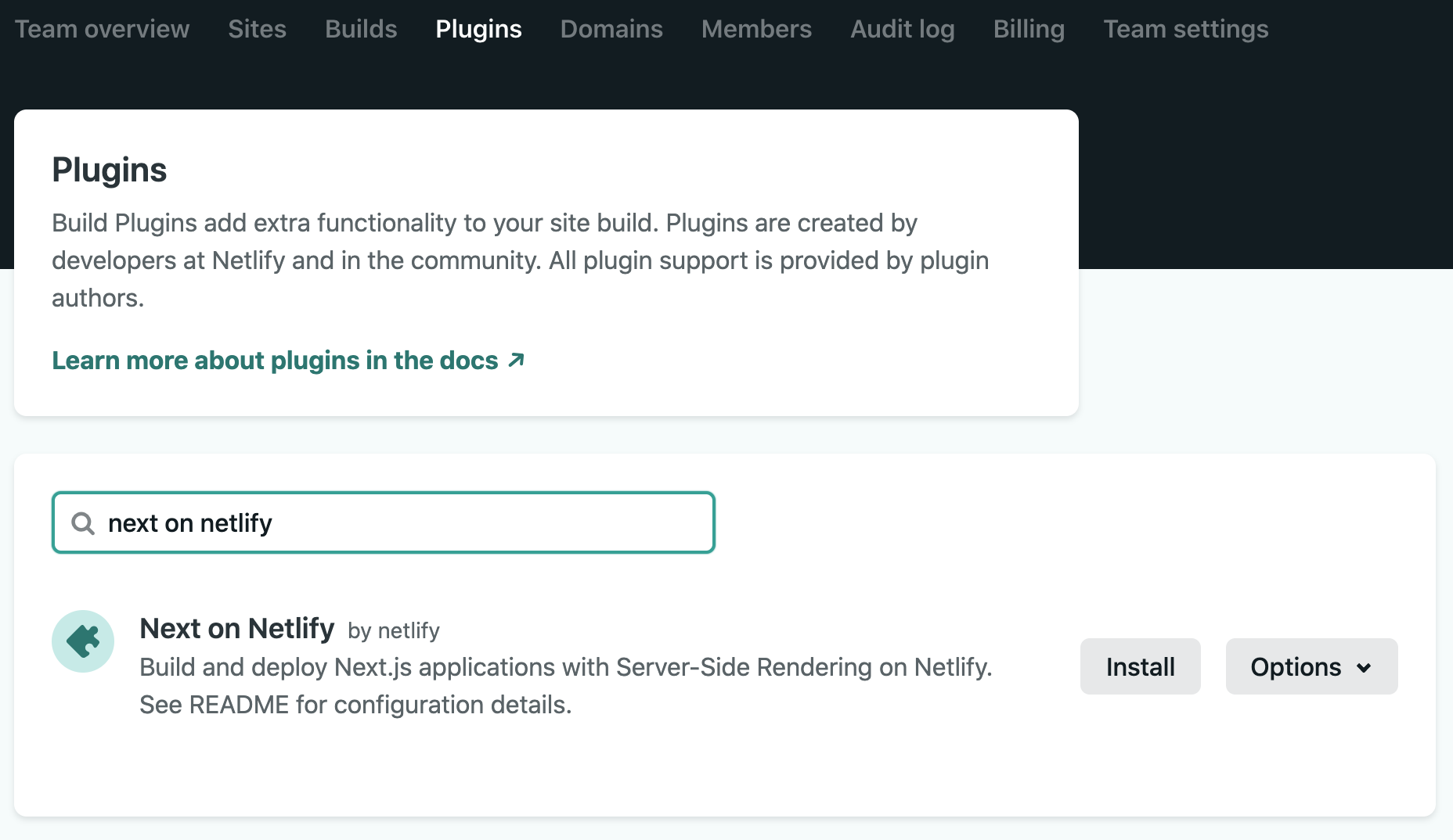 installing next-on-netlify plugin screenshot