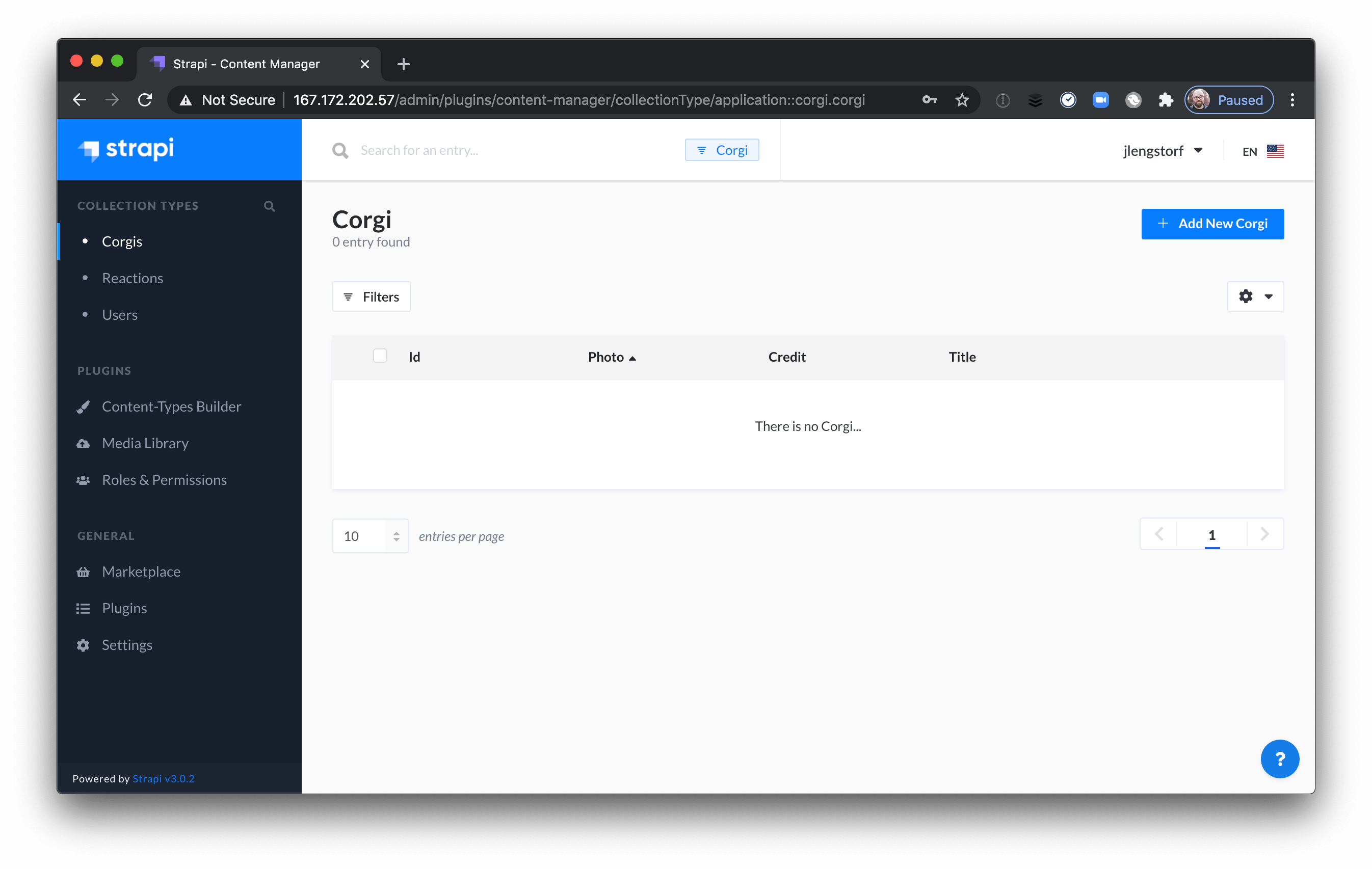 Adding an entry through the Strapi admin UI.