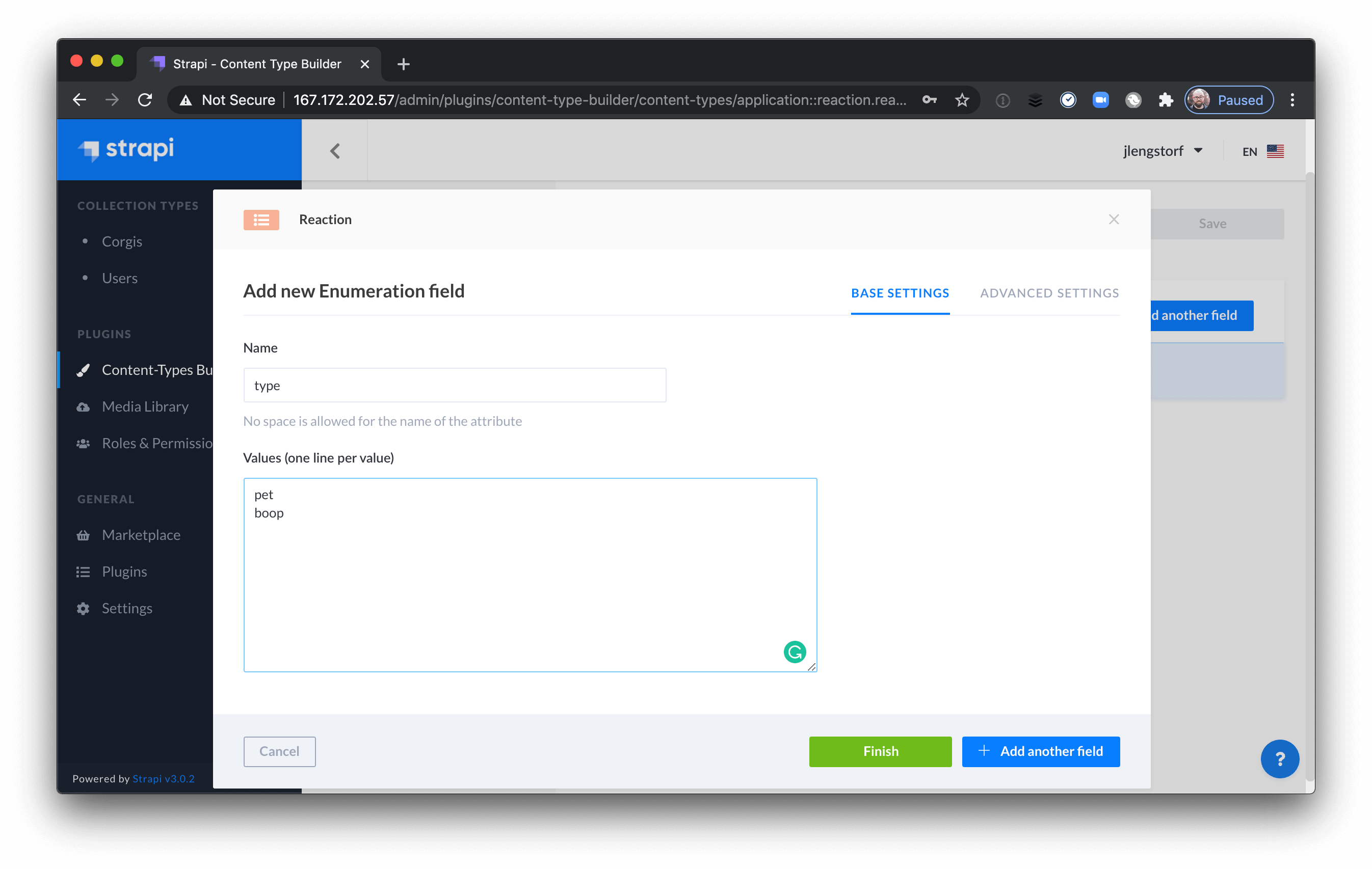 Configuration for the Reaction enumeration field in Strapi.