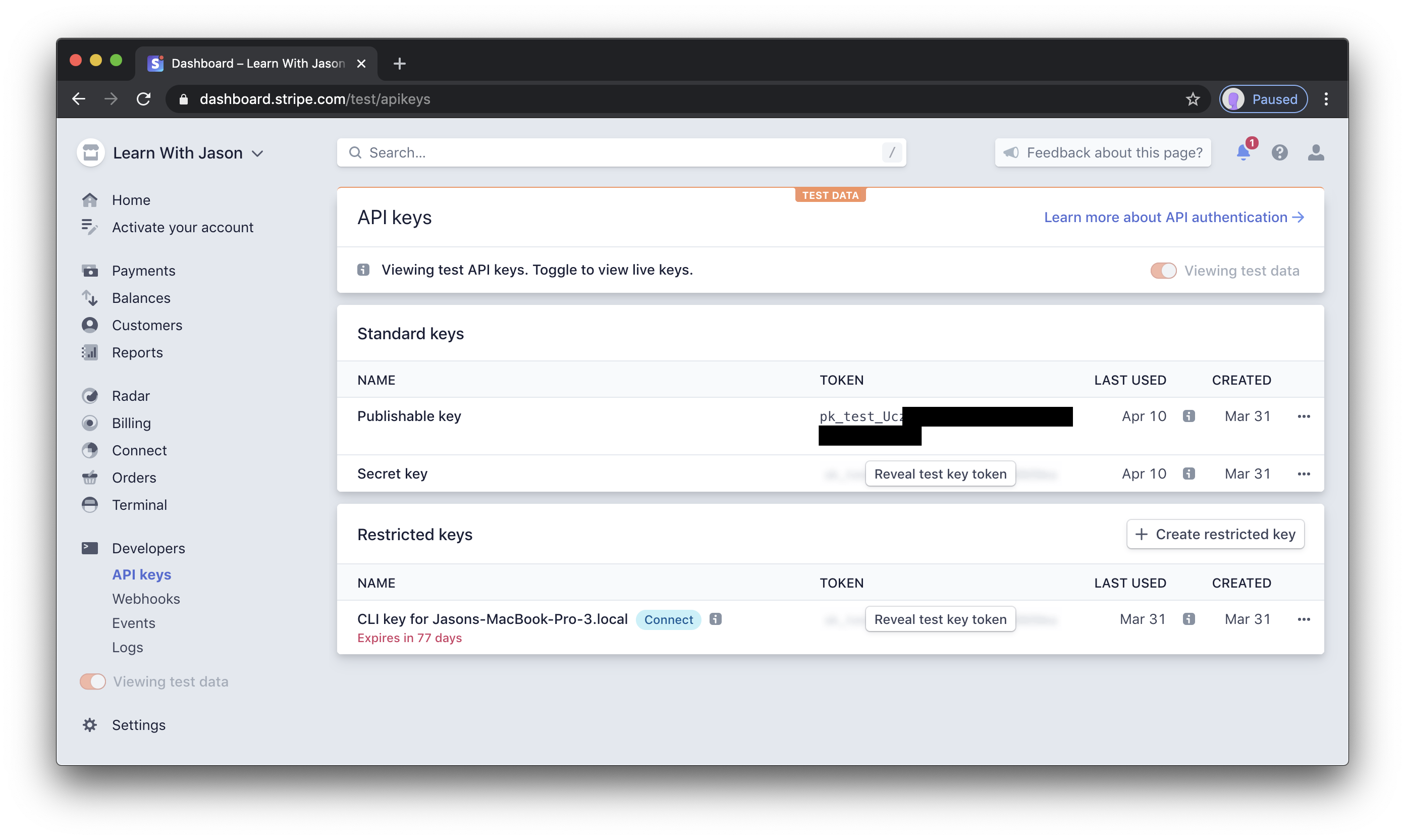 API keys section of the Stripe dashboard