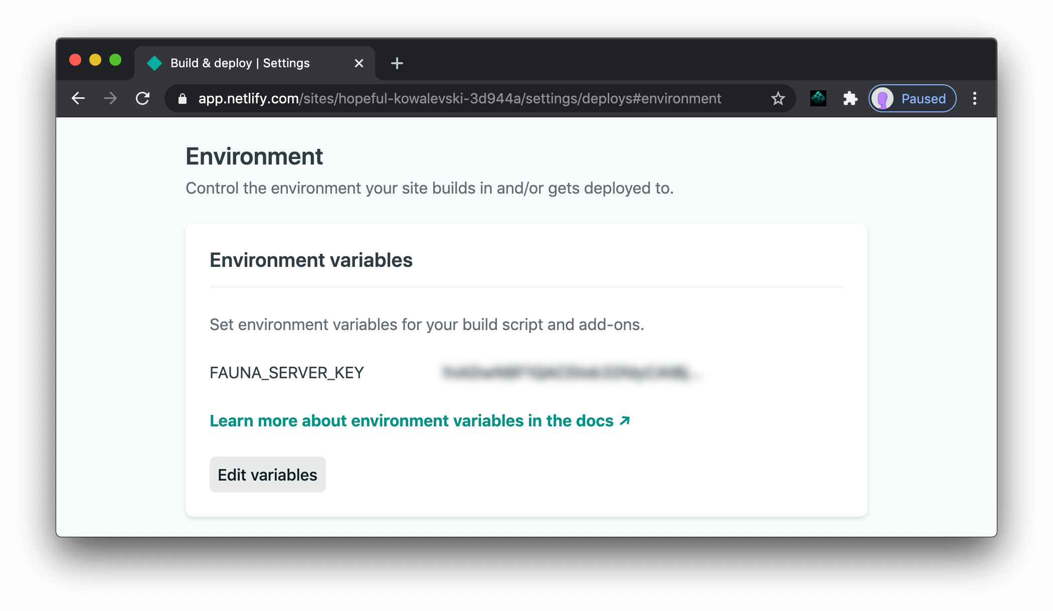 Fauna secret key saved as an environment variable on the Netlify dashboard.