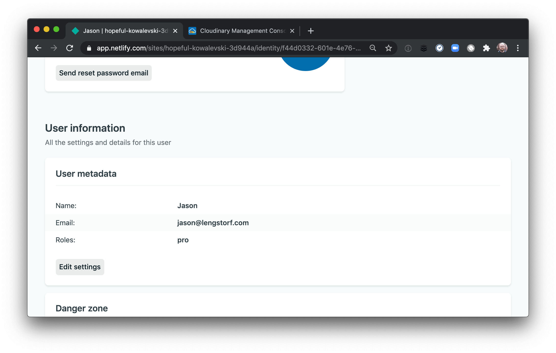 The Netlify Identity dashboard showing a user with no roles set.