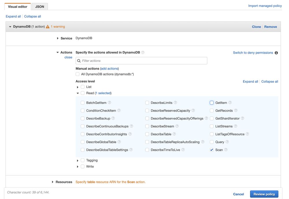 Identity and Access Management (IAM) access level role screen