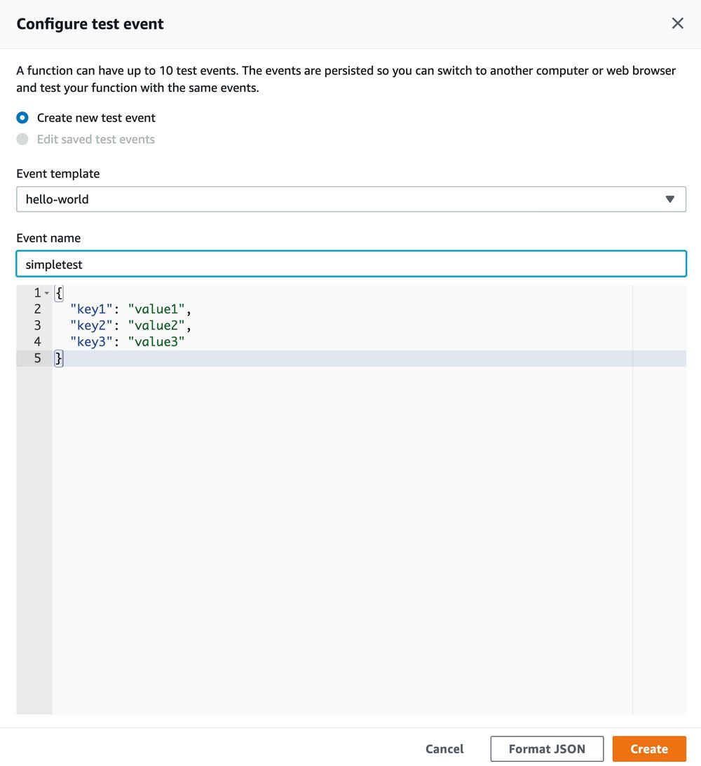 AWS Lambda function configure test event screen